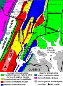 Geologic map of Northern Manhattan and the Bronx showing bedrock formations