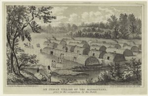 print depicting Lenape Indian village before Dutch occupation